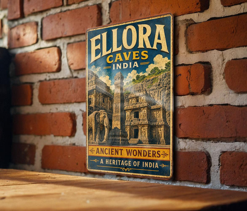 A vintage-style metal sign with the text "ELLORA CAVES INDIA" and "ANCIENT WONDERERS A HERITAGE OF INDIA" is displayed on a brick wall.