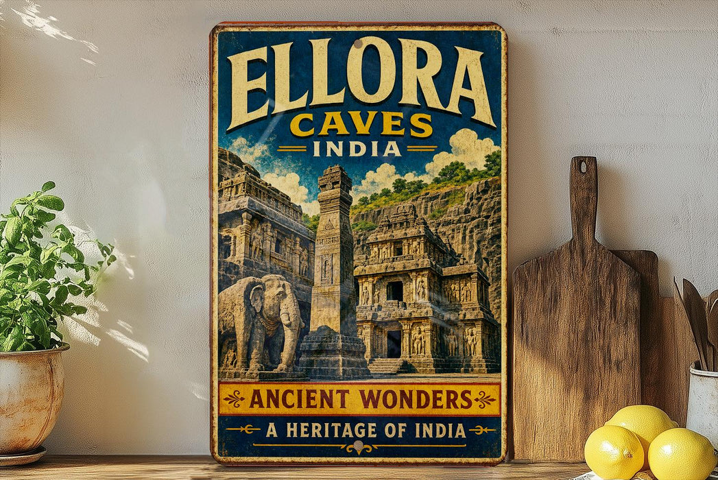 A vintage-style poster advertising Ellora Caves in India, featuring an illustration of the ancient ruins and a large elephant.