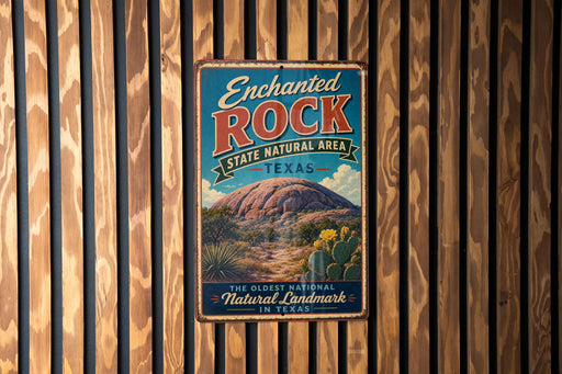 A vintage-style metal sign for the Enchanted Rock State Natural Area in Texas, featuring a desert landscape with a large rock formation and cacti.