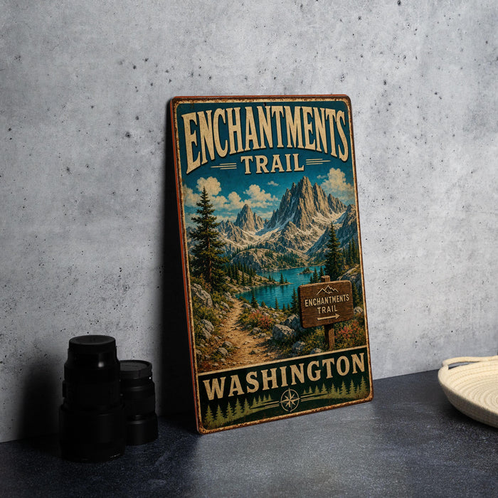 A vintage metal sign for the Enchanted Trail in Washington, featuring a scenic mountain landscape with a lake and pine trees.