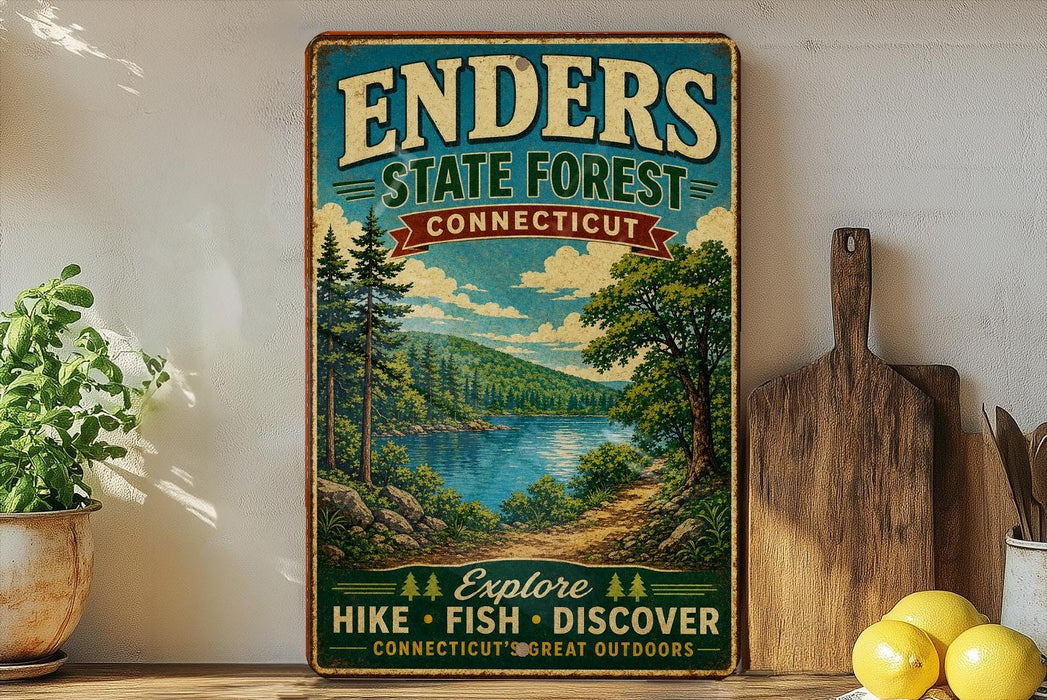 A vintage-style metal sign for Enders State Forest in Connecticut, featuring a scenic landscape with a lake and mountains.