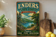 A vintage-style metal sign for Enders State Forest in Connecticut, featuring a scenic landscape with a lake and mountains.