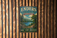 A vintage metal sign for Enders State Forest in Connecticut, featuring a scenic landscape with a lake, mountains, and pine trees.