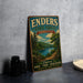 A vintage-style metal sign for the Enders State Forest in Connecticut, featuring a scenic landscape with a lake and forest.