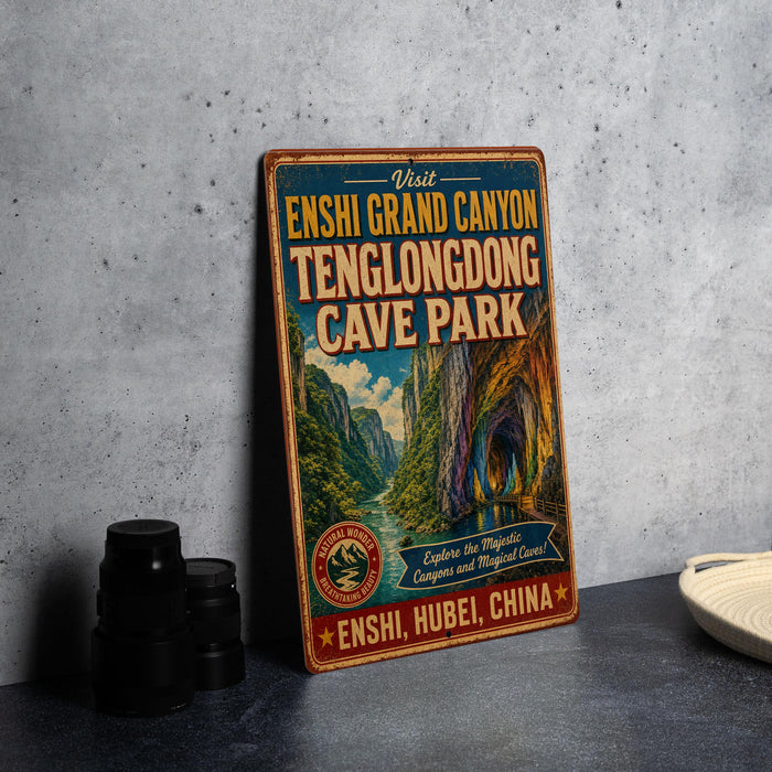a vintage-style metal sign for the Echni Grand Canyon, Tenglongdong Cave Park, with a scenic illustration of the canyon and a river.