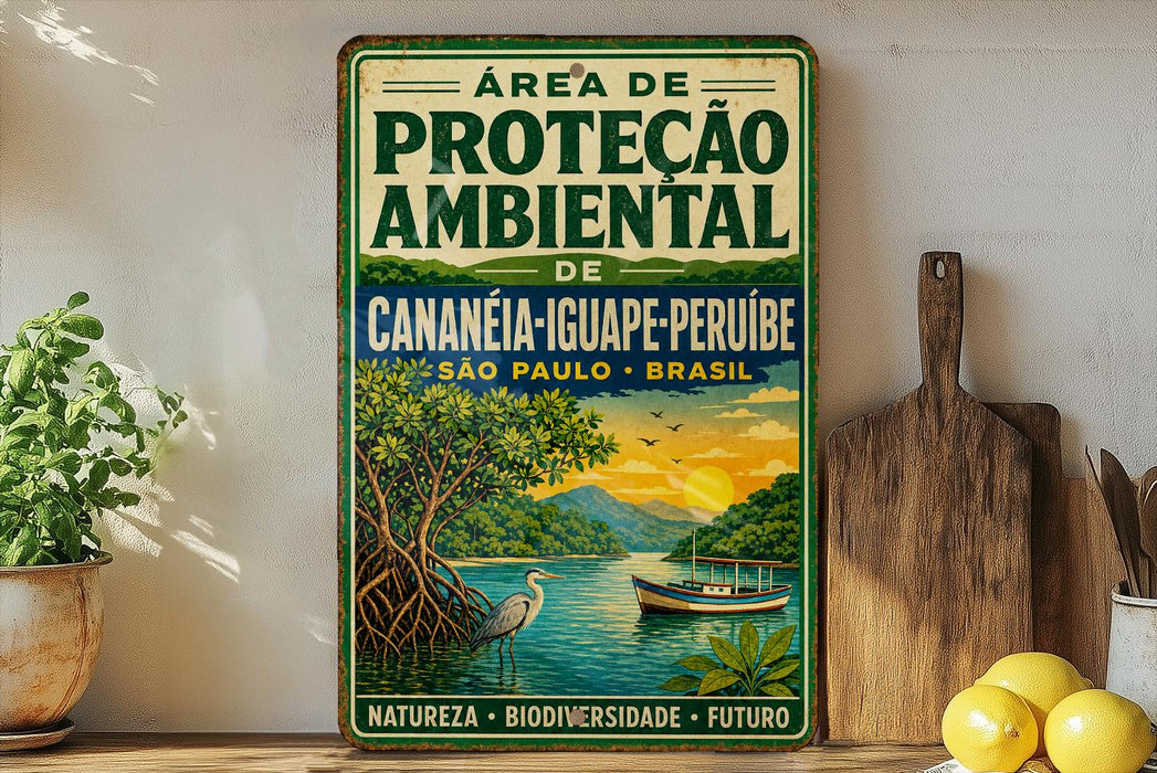 a vintage-style sign with a tropical scene, including a boat, a bird, and a lush landscape, displayed on a shelf next to a wooden cutting board and some lemons.