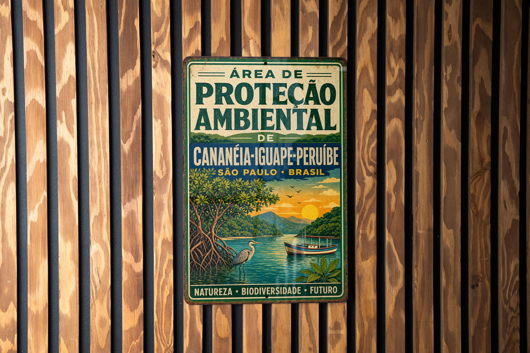 a vintage-style metal sign with a tropical landscape, including a boat on a river and a bird perched on a tree.