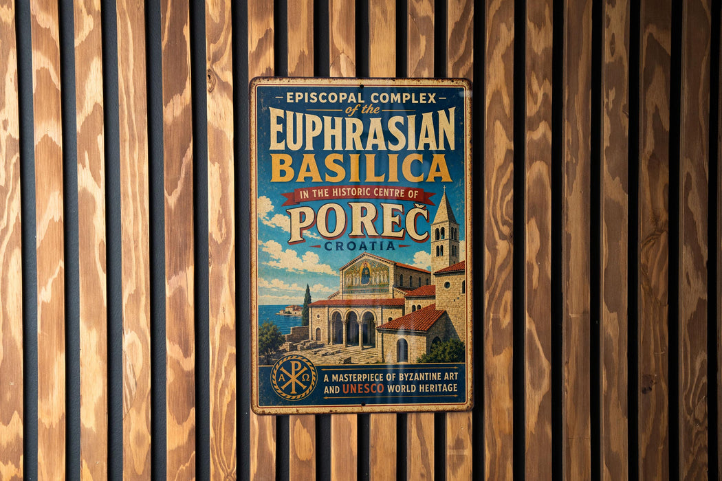 A vintage-style metal sign with text and an illustration of a building, mounted on a wooden wall.