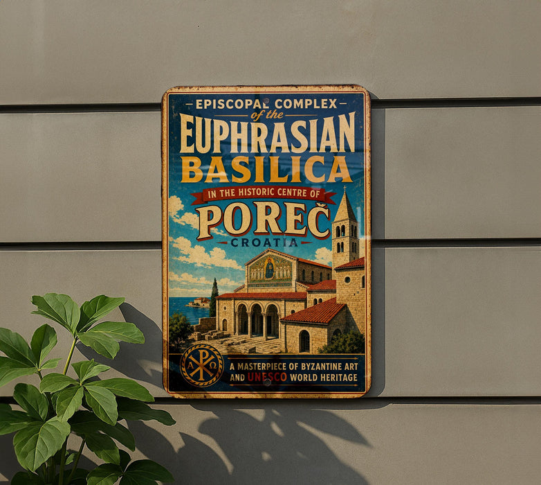 a vintage-style sign for the Euphrasian Basilica in Porec, Croatia, with a colorful illustration of the basilica and surrounding buildings.