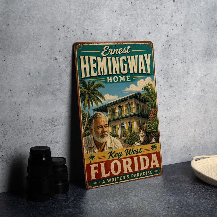 A vintage-style sign advertising Ernest Hemingway's home in Key West, Florida, featuring a palm tree and a house.