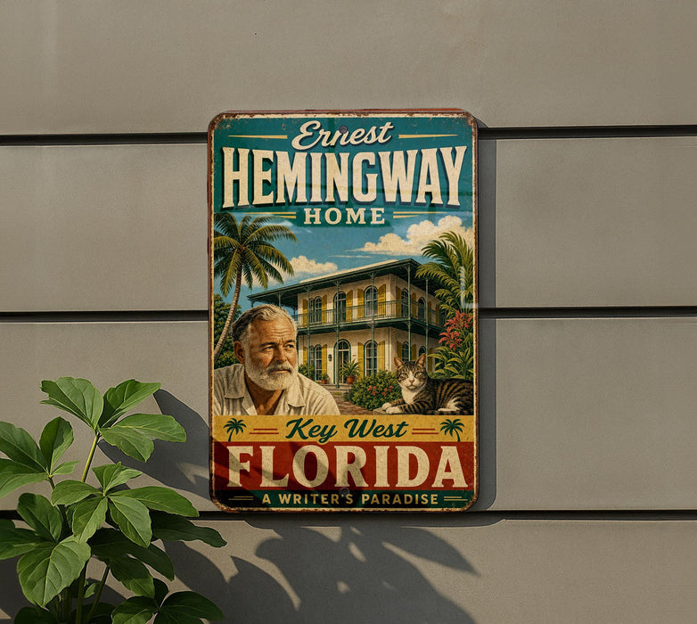 A vintage-style sign for Ernest Hemingway's home in Key West, Florida, featuring a painting of a man and a cat in a tropical setting.