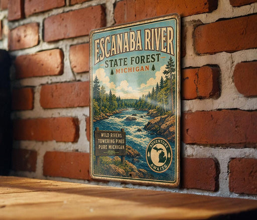A vintage-style metal sign for Escanaba River State Forest in Michigan, featuring a scenic illustration of a river surrounded by pine trees and mountains.