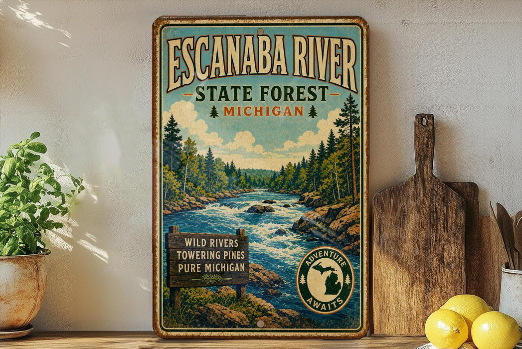 A vintage-style metal sign for Escanaba River State Forest in Michigan, featuring a scenic illustration of a river surrounded by pine trees and mountains.