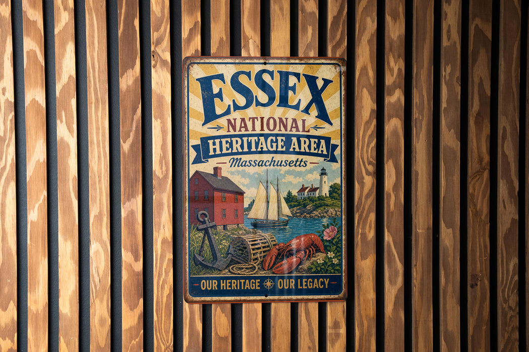 A vintage metal sign for the Essex National Heritage Area in Massachusetts, featuring an illustration of a lighthouse, a red brick building, and a boat on a body of water.