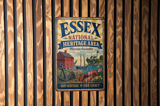A vintage metal sign for the Essex National Heritage Area in Massachusetts, featuring an illustration of a lighthouse, a red brick building, and a boat on a body of water.