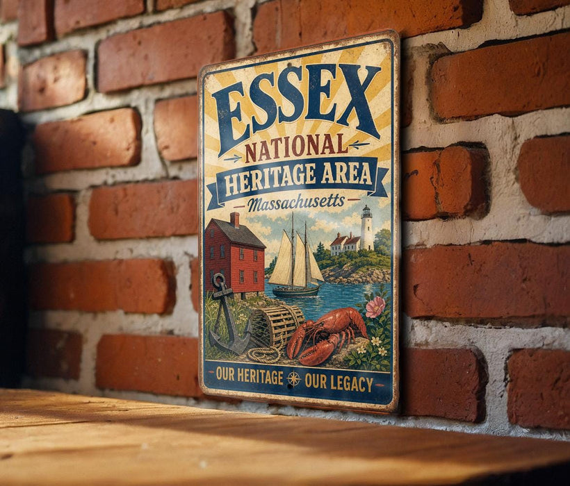 A vintage metal sign for the Essex National Heritage Area in Massachusetts, featuring an illustration of a red brick building, a lighthouse, and a lobster.