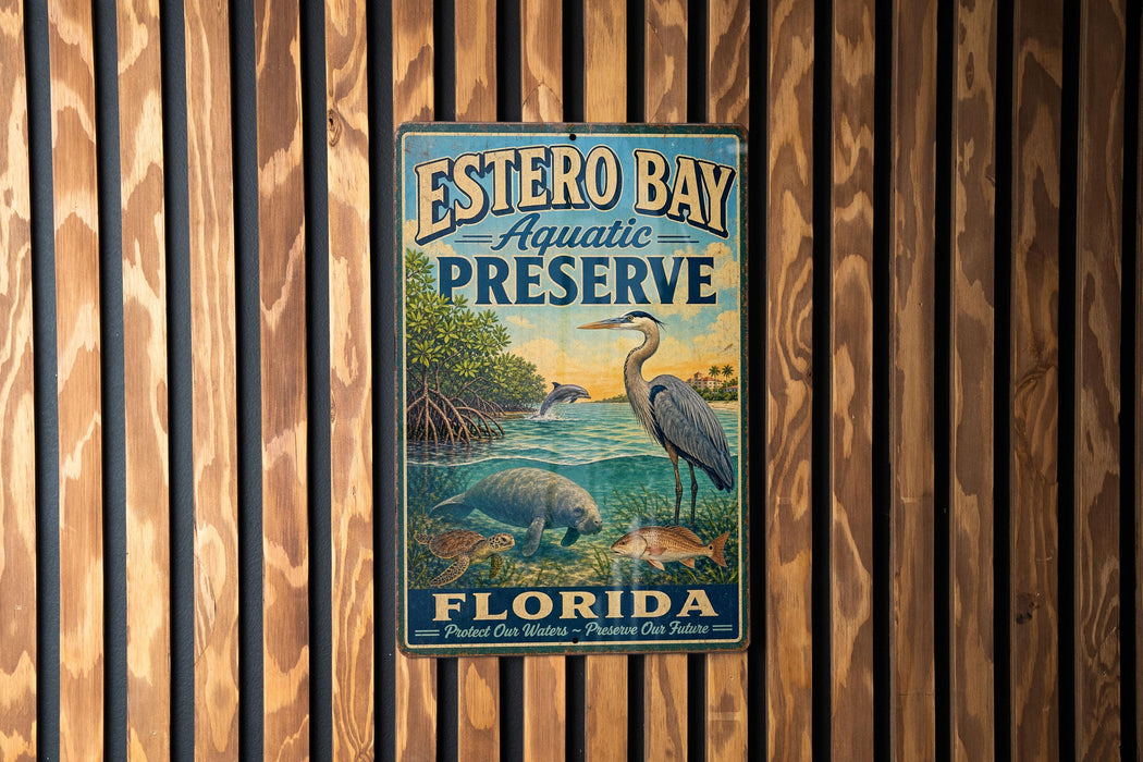 A vintage-style metal sign for Estero Bay Aquatic Preserve in Florida, featuring an illustration of various marine life and a bird.