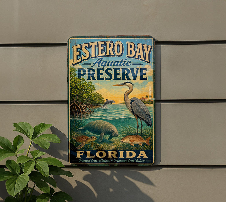 A vintage-style metal sign for Estero Bay Aquatic Preserve in Florida, featuring illustrations of various marine life and a seagull.
