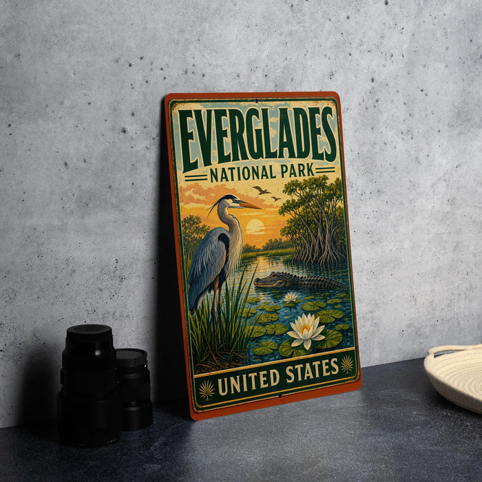 A vintage Everglades National Park sign with a bird illustration and a sunset landscape, placed on a gray countertop next to some black camera lenses.