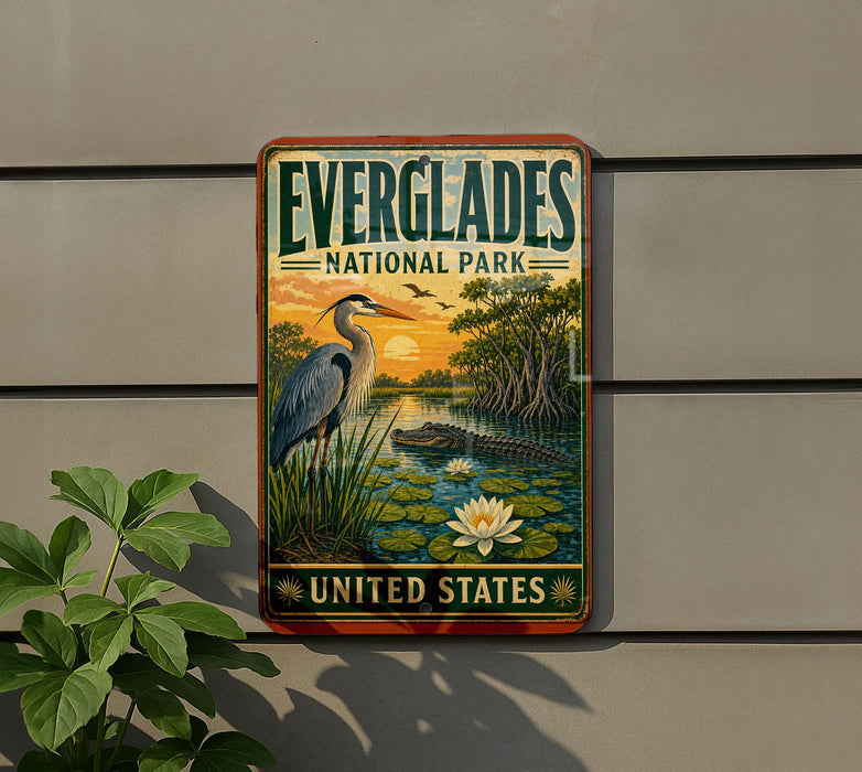 A vintage Everglades National Park sign is displayed on a wall, featuring a serene landscape with a heron, lily pads, and a sunset.