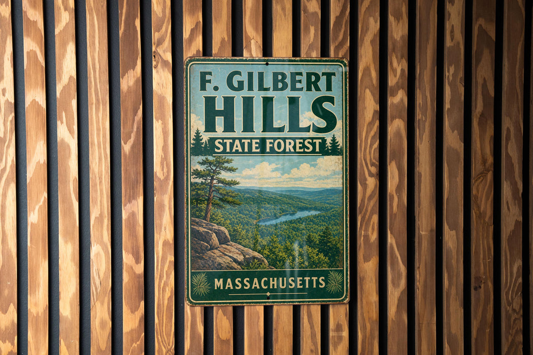 A vintage metal sign for F. Gilbert Hills State Forest in Massachusetts, featuring a scenic landscape with a river and mountains.