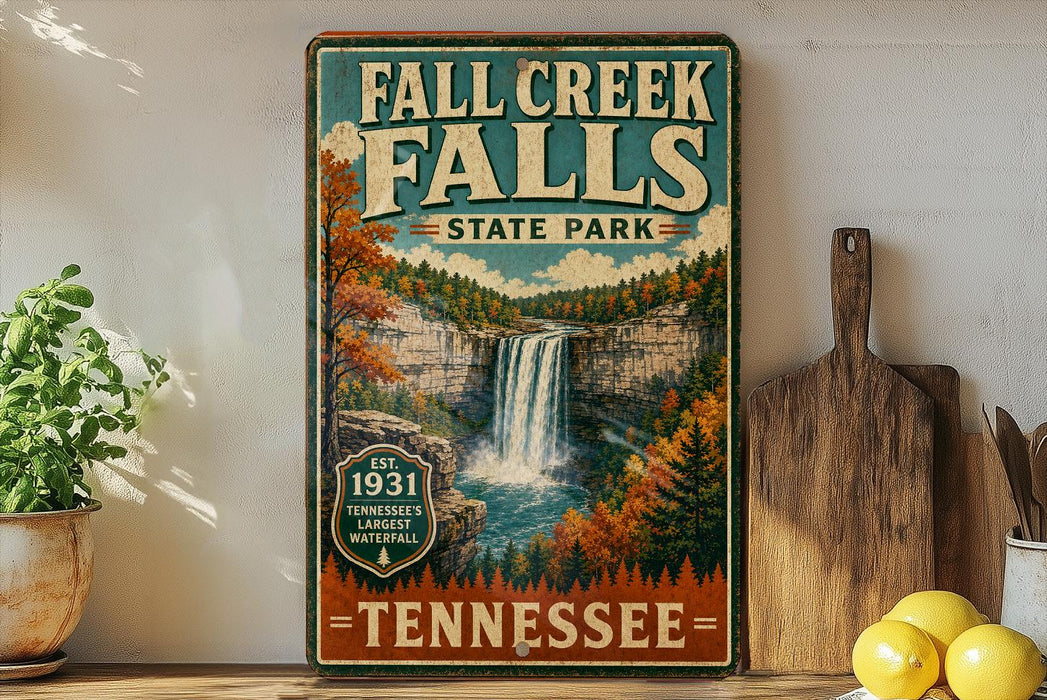 a vintage-style sign for Fall Creek Falls State Park in Tennessee, with a waterfall and forest scenery.