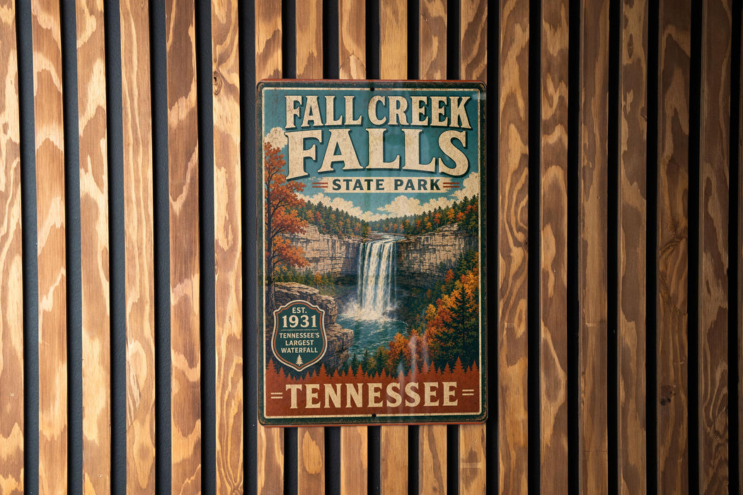 A vintage-style metal sign for Fall Creek Falls State Park in Tennessee, featuring a waterfall and autumn foliage.