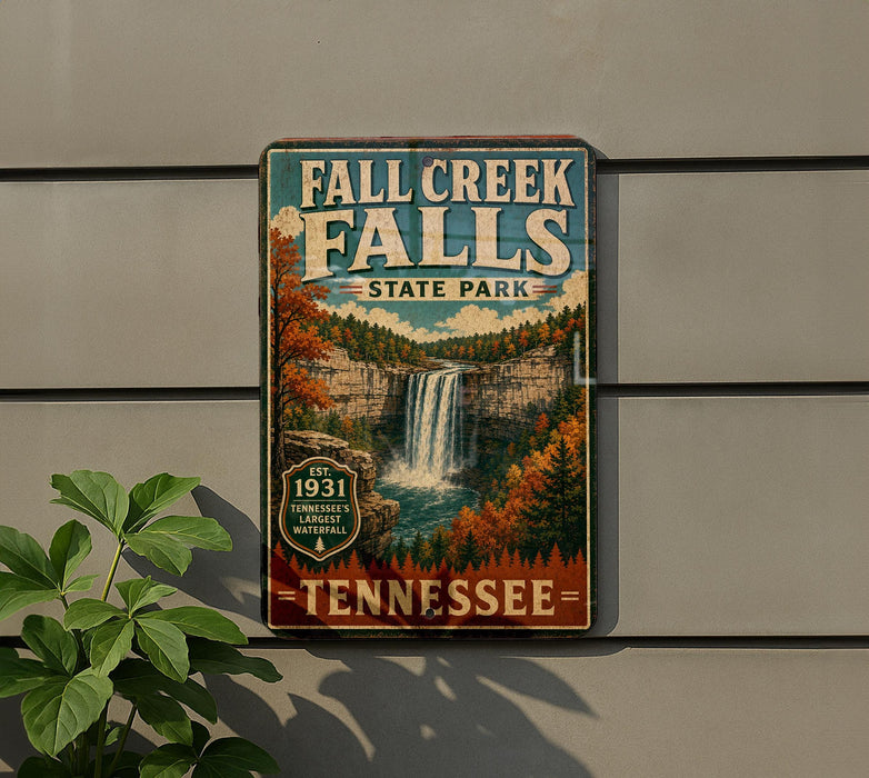a vintage-style sign for Fall Creek Falls State Park in Tennessee, with a waterfall and autumn foliage depicted.