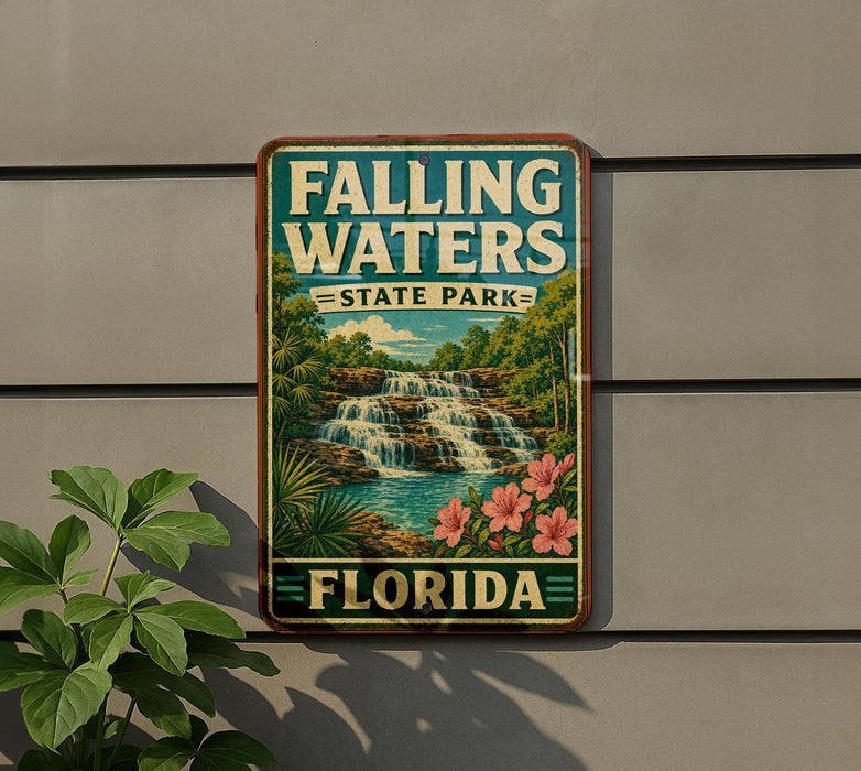 A vintage-style sign for Falling Waters State Park in Florida, featuring a waterfall and tropical foliage.