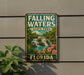 A vintage-style sign for Falling Waters State Park in Florida, featuring a waterfall and tropical foliage.
