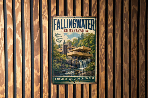 A vintage-style metal sign for Fallingwater, Pennsylvania, featuring a waterfall and a building, is displayed on a wooden wall.