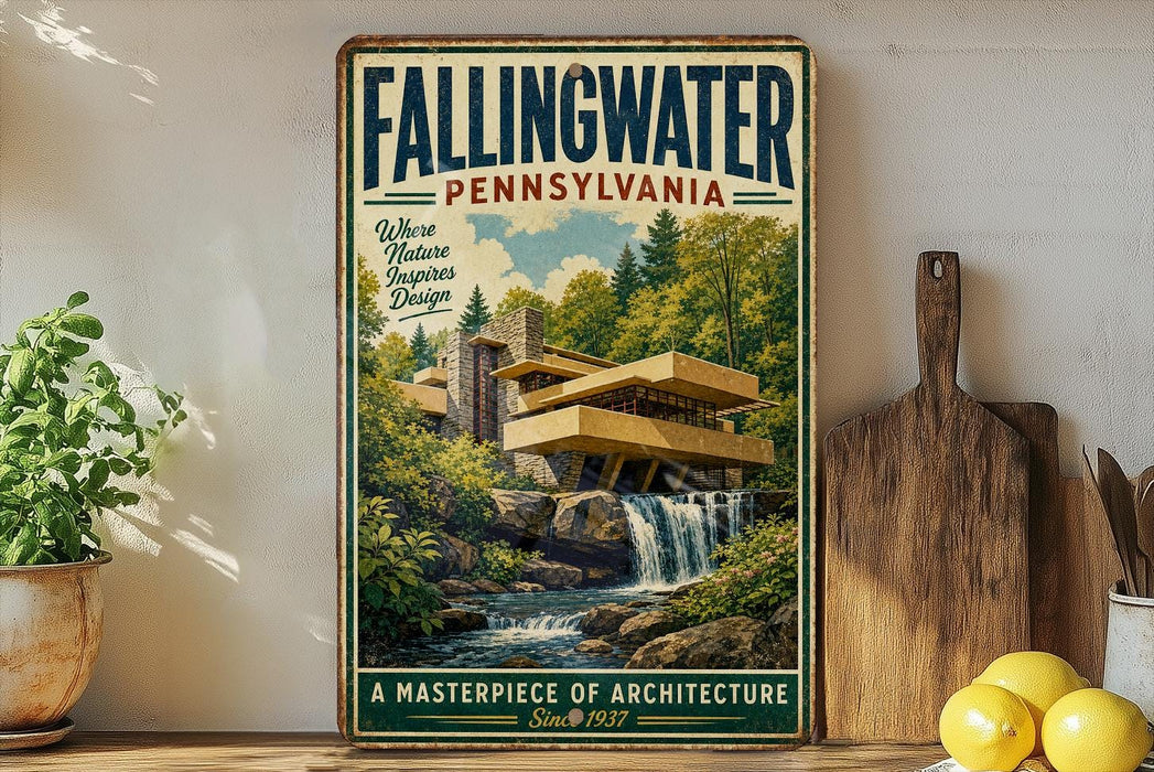 A vintage-style poster of Fallingwater, a landmark building in Pennsylvania, is displayed on a wall next to a wooden cutting board and some potted plants.