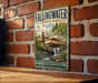 A vintage-style metal sign for Fallingwater, Pennsylvania, featuring an illustration of the house and waterfall.