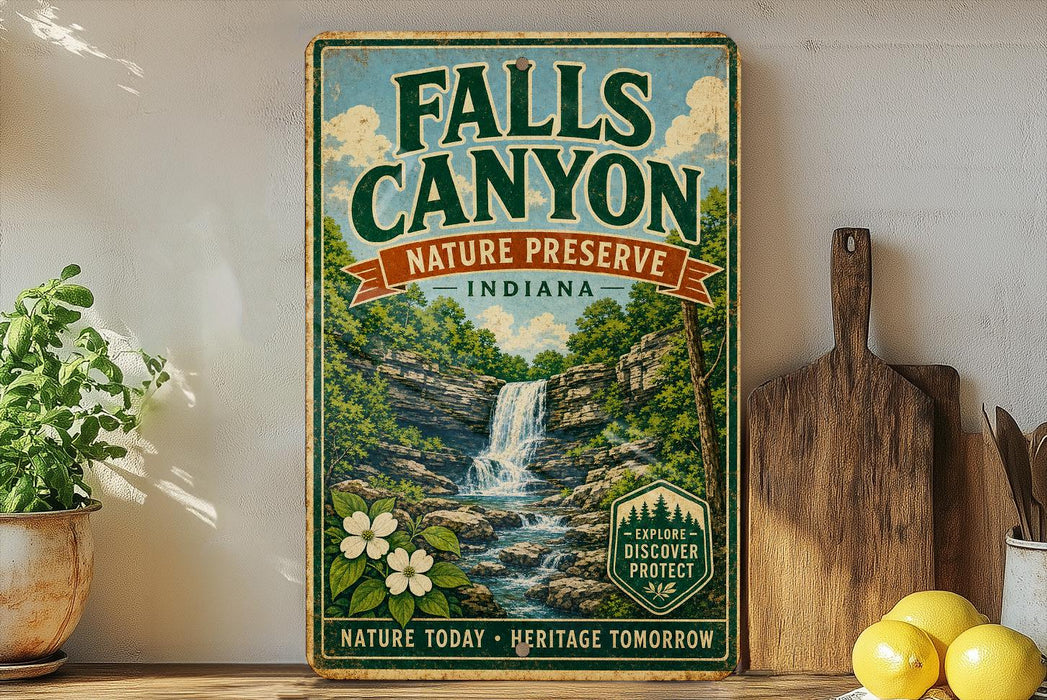 a vintage-style sign for Falls Canyon Nature Preserve, Indiana, with a waterfall and lush greenery. The sign is displayed on a shelf next to a wooden cutting board and a potted plant.