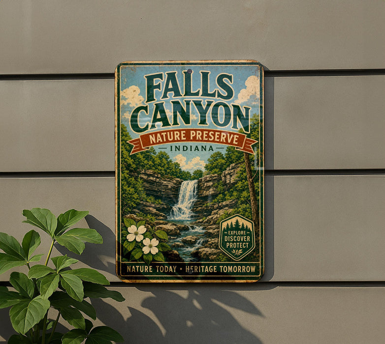 A vintage-style metal sign for Falls Canyon, Indiana, promoting the nature preserve.