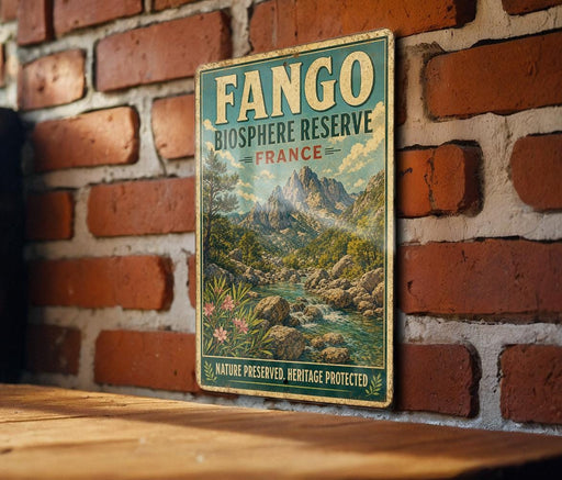 A vintage-style metal sign with the text "FANGO BIOSPHERE RESERVE FRANCE" and a scenic mountain landscape is displayed on a brick wall.