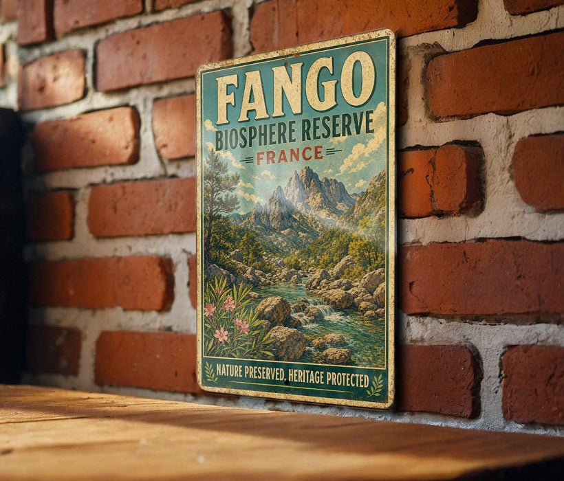 A vintage-style metal sign with the text "FANGO BIOSPHERE RESERVE FRANCE" and a scenic mountain landscape is displayed on a brick wall.