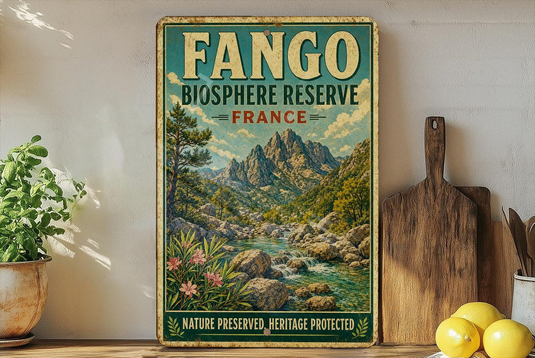 a vintage-style sign for the Fango Biosphere Reserve in France, with a scenic mountain landscape and a river. The sign is displayed on a shelf next to a wooden cutting board and some potted plants.