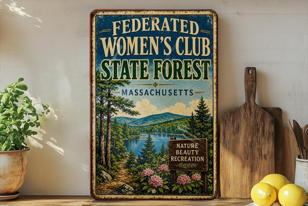 A framed vintage-style sign advertising the "Federated Women's Club State Forest" in Massachusetts, featuring a scenic landscape with pine trees, a lake, and mountains.