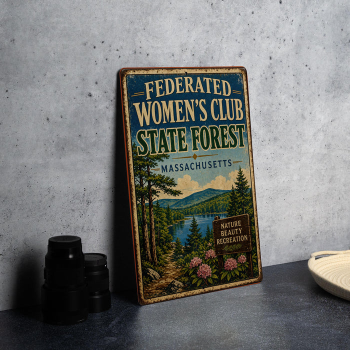 A vintage metal sign for the Federated Women's Club State Forest in Massachusetts, featuring a scenic illustration of a forest and lake.