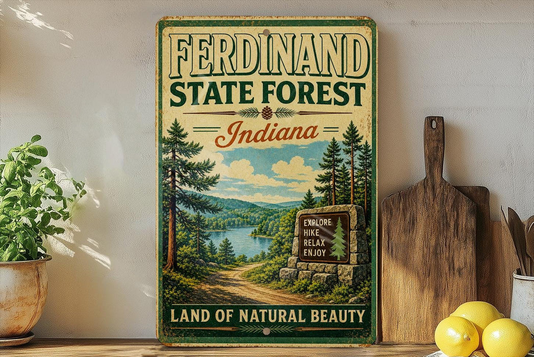 A vintage-style sign for the Ferdinand State Forest in Indiana, featuring a scenic landscape with pine trees, a lake, and mountains.