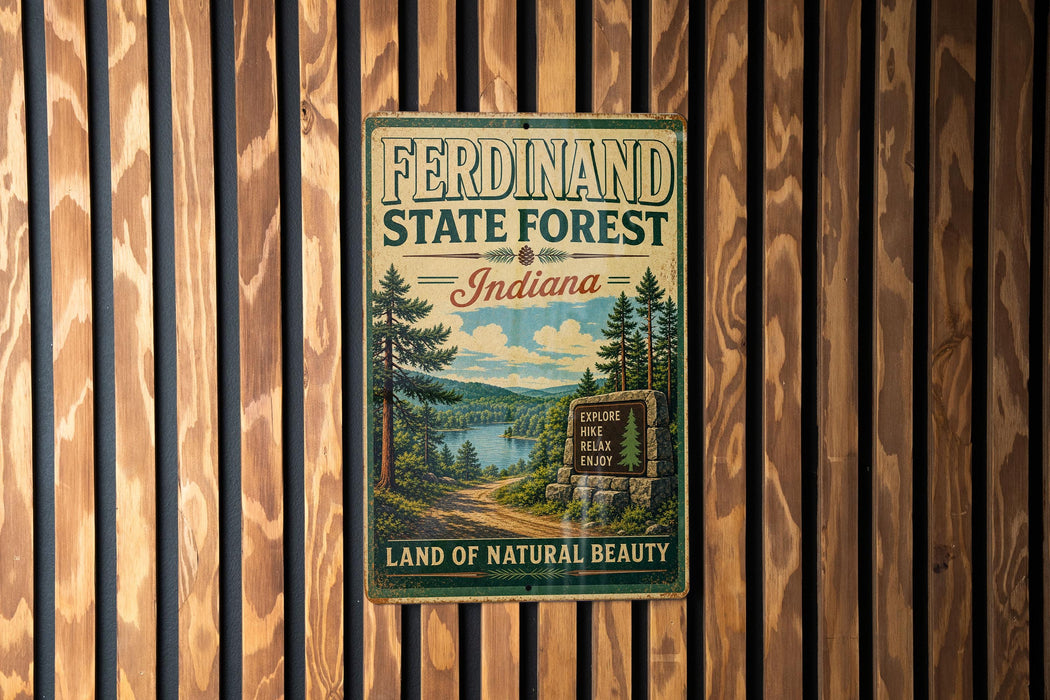 A vintage-style metal sign for the Ferdined State Forest in Indiana, featuring a scenic landscape with pine trees, a lake, and mountains.