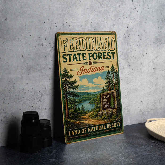 A vintage-style metal sign for Ferdinand State Forest, Indiana, featuring a scenic landscape with pine trees, a lake, and a sign that says "Explore Hike Relax Enjoy".