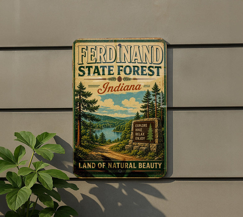 A vintage-style sign for the Ferdinand State Forest in Indiana, featuring a scenic landscape with pine trees, a lake, and a sign inviting visitors to explore, relax, and enjoy the natural beauty of the area.