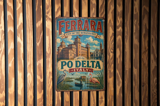 A vintage metal sign for the city of Ferra, Italy, featuring a colorful illustration of the cityscape and text that reads "City of the Renaissance and Po Delta Italy".
