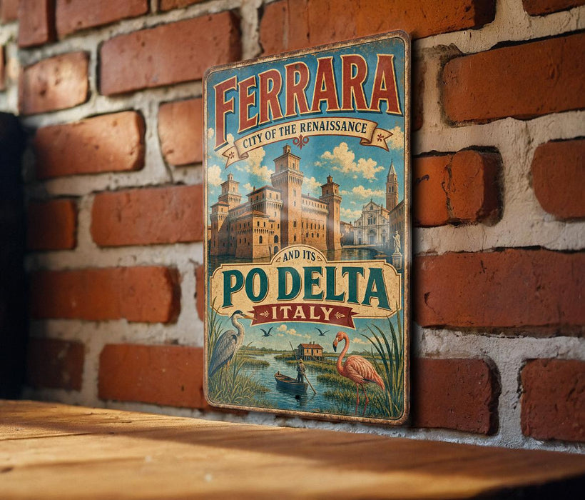 A vintage-style metal sign with the text "FERRARA CITY OF THE RENAISSANCE AND IT'S PO DELTA ITALY" is displayed on a brick wall.