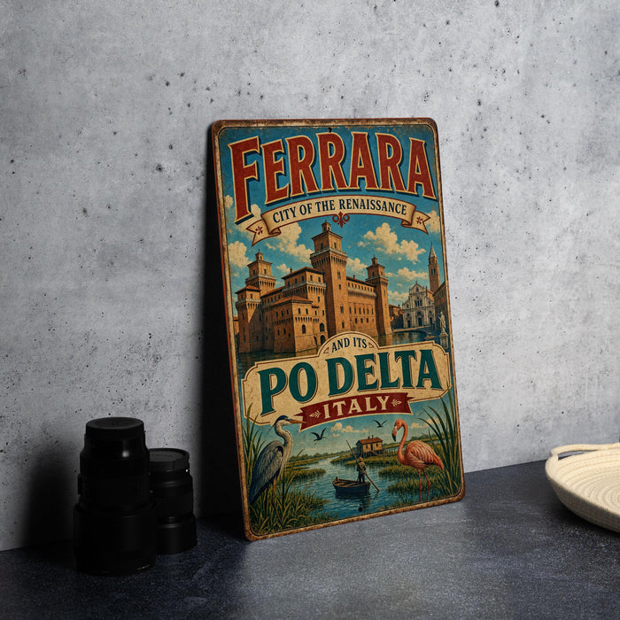 A vintage-style metal sign for the city of Ferrara, Italy, featuring a castle and a flamingo, is displayed on a gray countertop next to some black camera lenses.
