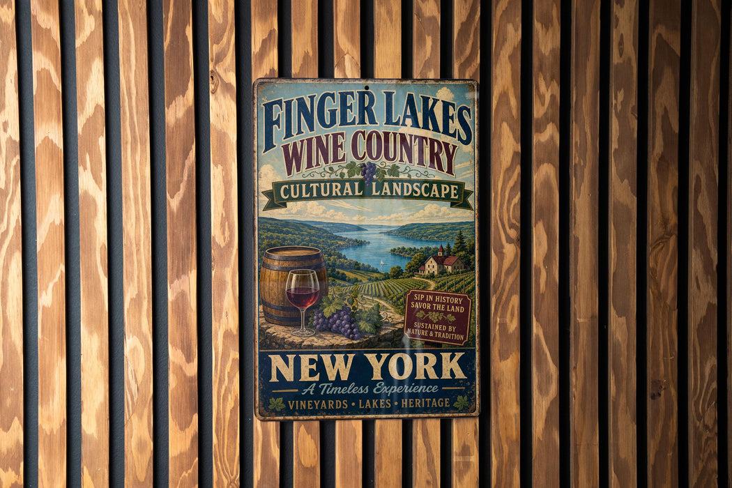 A vintage-style sign for Finger Lakes Wine Country, advertising a cultural landscape in New York.