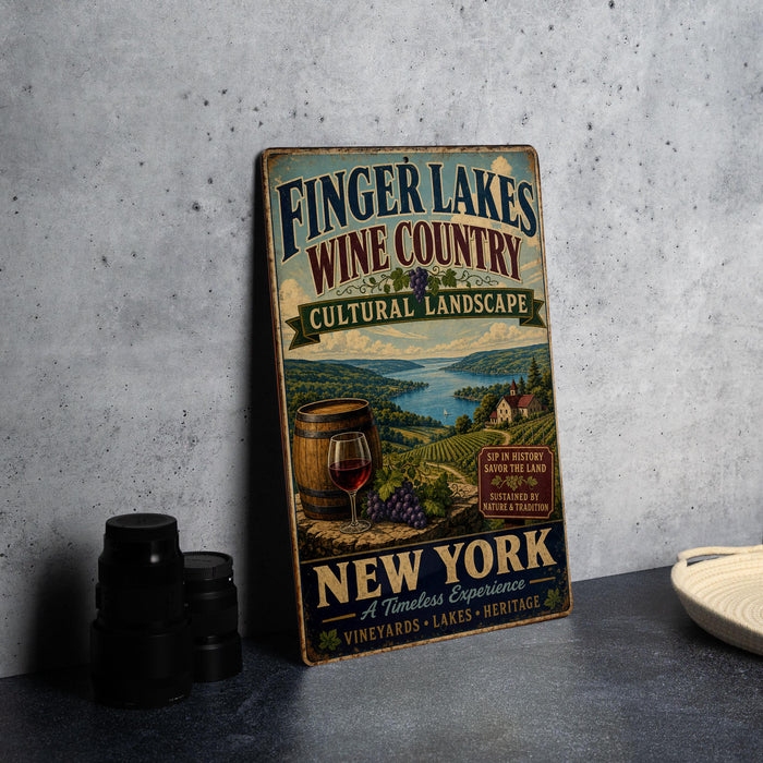 A vintage-style sign advertising Finger Lakes Wine Country, featuring a scenic landscape and a glass of wine.