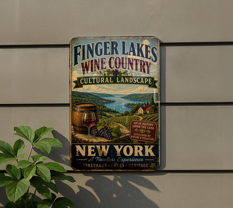 A vintage-style sign for Finger Lakes Wine Country, advertising a cultural landscape and wine experience in New York.